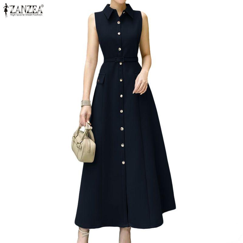 ZANZEA Women Casual Turn Down Collar Summer Sleeveless Long Dress