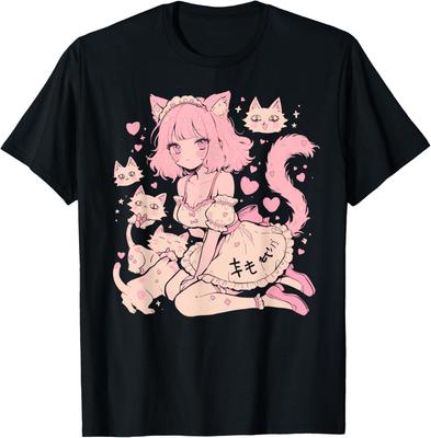 Kawaii Kocica Anime Graficzny T-shirt Miękki Bawełniany T-shirt Słodkie Manga Serca Do Noszenia na Co Dzień Top Miękki