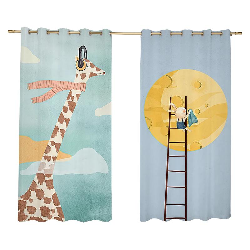 High Shading Curtain Nordic Simple Cute Cartoon Rabbit Stars Moon Children's Room Girl Bedroom Window Blackout Drape Sunshade