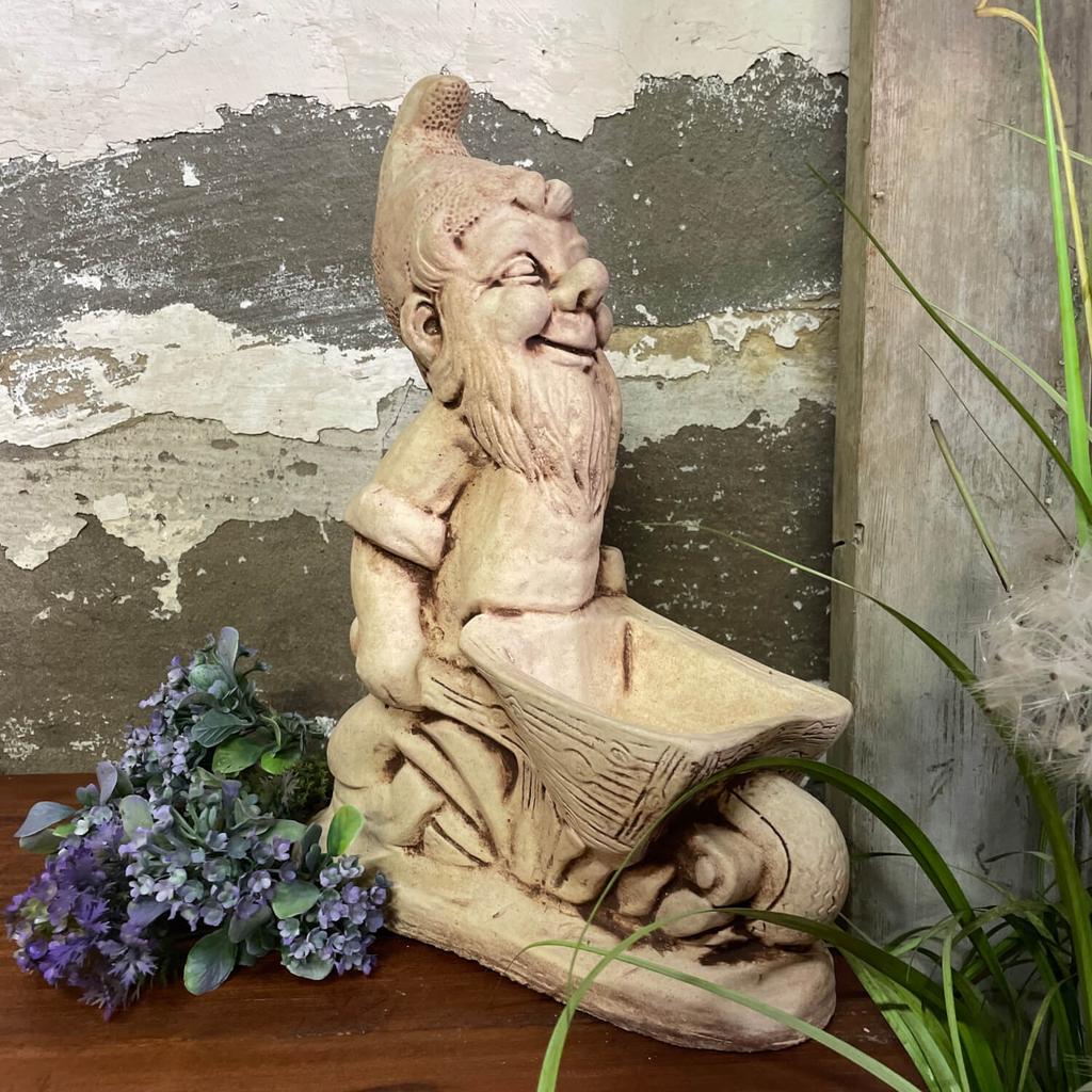 Garden Figure Dwarf with a Wheelbarrow Hand-made of Concrete