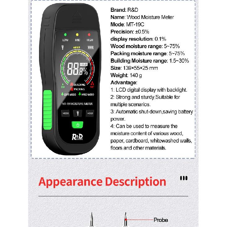 R&D MT19C Wood Moisture Meter Wall Water Tester Digital Humidity Meter Two Pins Hygrometer Concrete Cement Brick Detector
