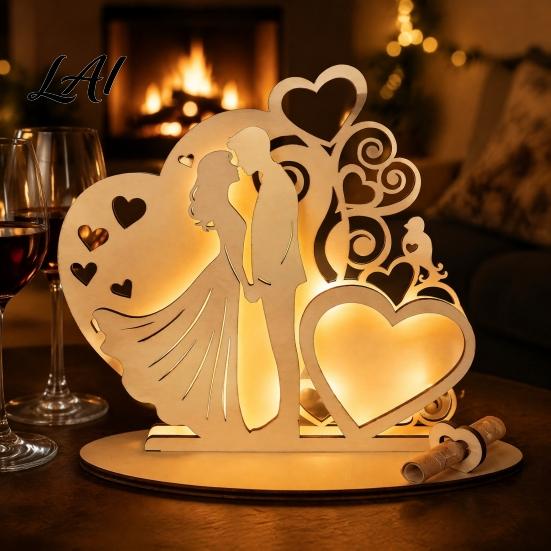 Wooden Ornament for Wedding Couple Ornaments with LED Lights Romantic Statue Heart Handcrafted Light Design Warm Glow Tabletop Night & Bedroom