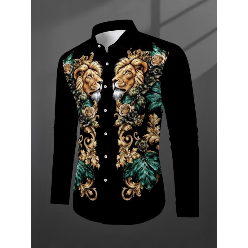 New Red Background Black Herringbone Baroque Print Men's Long Sleeved Shirt, Light Luxury Casual Formal Shirt