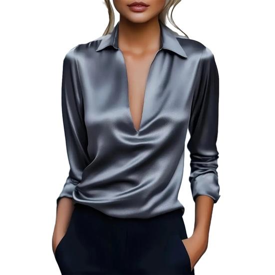 Women Shirt Lapel V-Neck Long Sleeve Smooth Satin Shirt Tops Pure Color Loose Fit Smooth Satin Office Lady Shirt Daily Wear