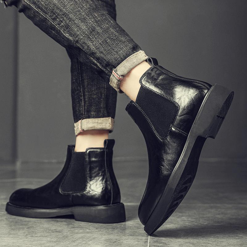 Autumn WinterNew Chelsea Men's Boots British Retro Style Solid-Color Anti-slip Soft Leather Men's Shoes Mid-top Ankle Boots