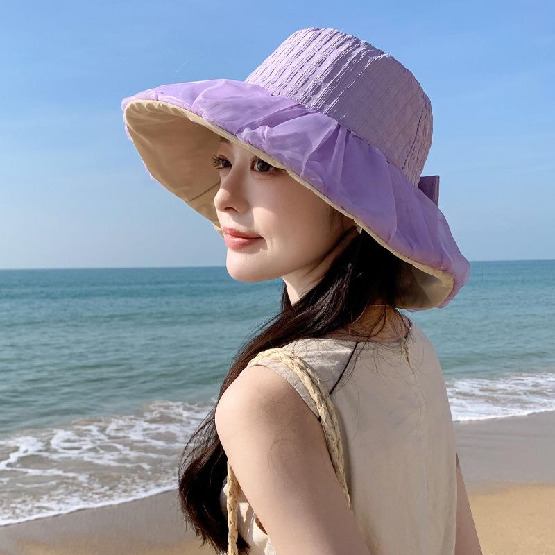 Summer new hat women's sunshade sunscreen bow bucket hat breathable mesh seaside beach sun hat