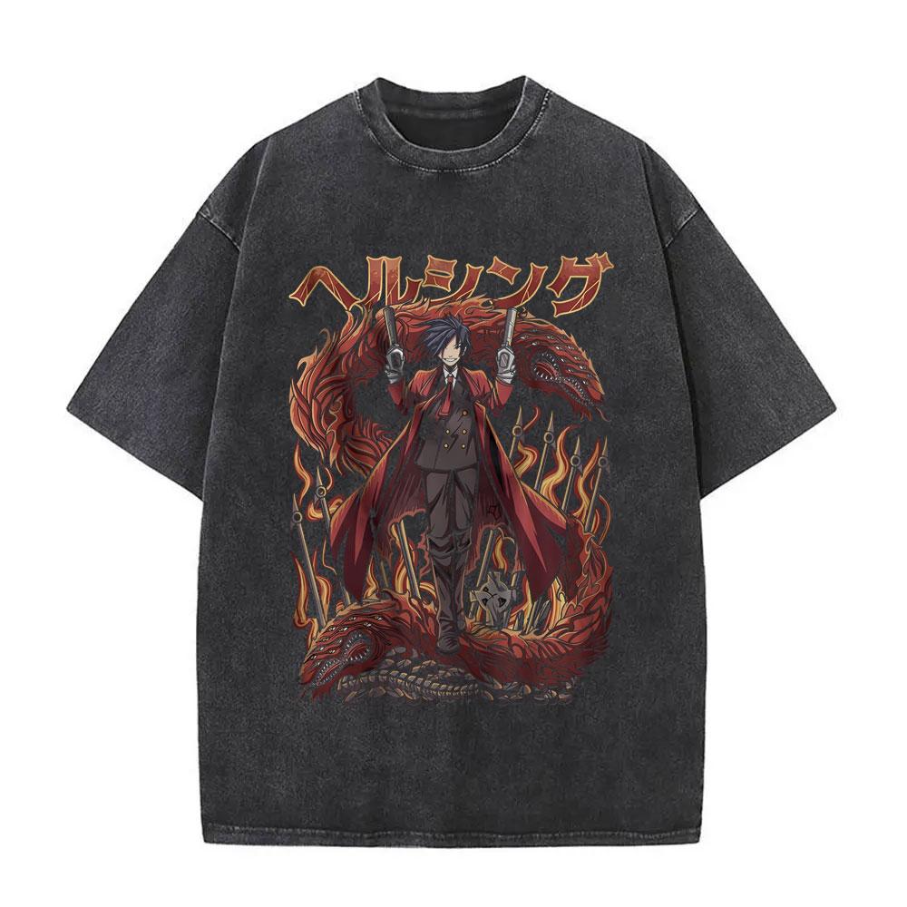 Washed Vintage Anime Hellsing Abraham Van Helsing Vampire Alucard Double Sided Print Tshirts Unisexs s Unisexga Oversized T Shirts