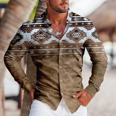 Men's Fashion Vintage Tribal Sport Men's Party Clear Graphic Shirt Lapel Button Down Shirt Casual Purple Blue Tops
