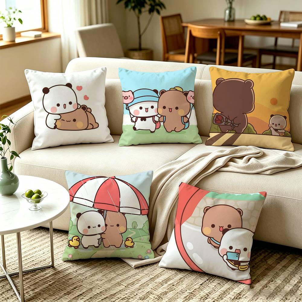 BBubu Dudu Panda Bear Couple Daily Cartoon Pillow Case Square DoubleSided Sofa Cushion Cover Bedroom Bedside Pillow