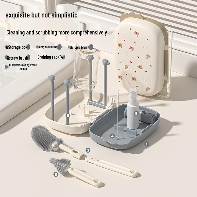 Portable Baby Bottle and Nipple Brush Set with Storage Box - Silicone Cleaning Tool