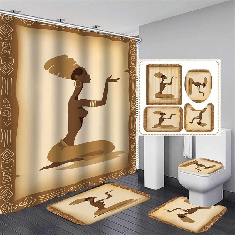 Fashion African Woman Shower Curtain Set With Rugs Afro Girl Egyptian Lady Fabric Shower Curtain Liner Non-Slip Carpet