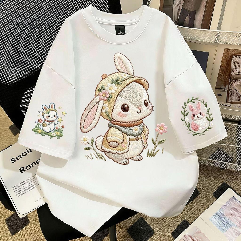 Girls' Summer Cotton Faux Embroidery Print T-Shirt, Unisex Fun Style, Short Sleeve School Top