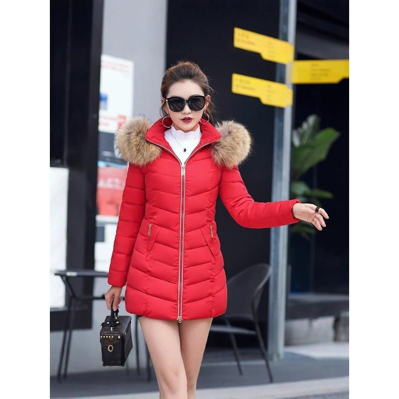 Versión coreana de invierno de la chaqueta acolchada de algodón para mujer, longitud media, corte entallado, cuello grande de pelo, chaqueta acolchada de algodón plumón