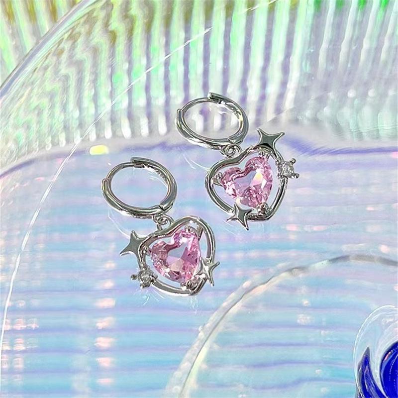 Korea Pink Crystal Peach Love Heart Dangle Earrings Sweet Cool Y2k Accessories Hoop Earring for Women Girls Fashion Jewelry
