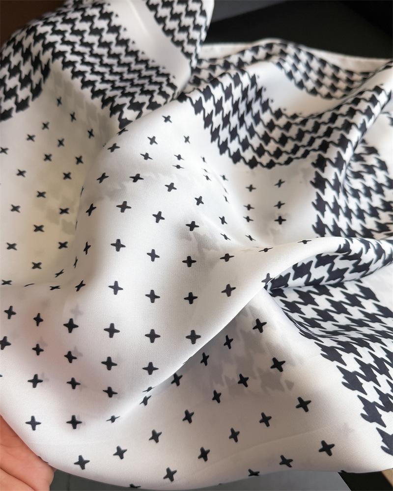 Luxury Houndstooth Square Scarf For Women Elegant Ladies Print Hijab Neckerchief Shawl Solid Colour Soft Stain Silk Scarves