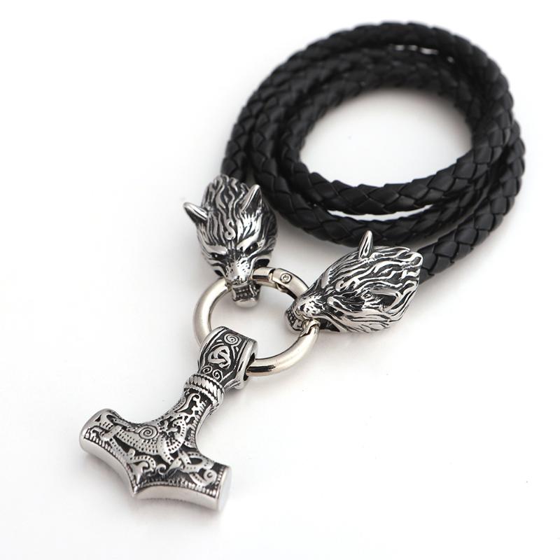 Nordic Viking Thor Hammer Pendant Necklace Silver Black Wolf Head Necklace Men's Jewelry