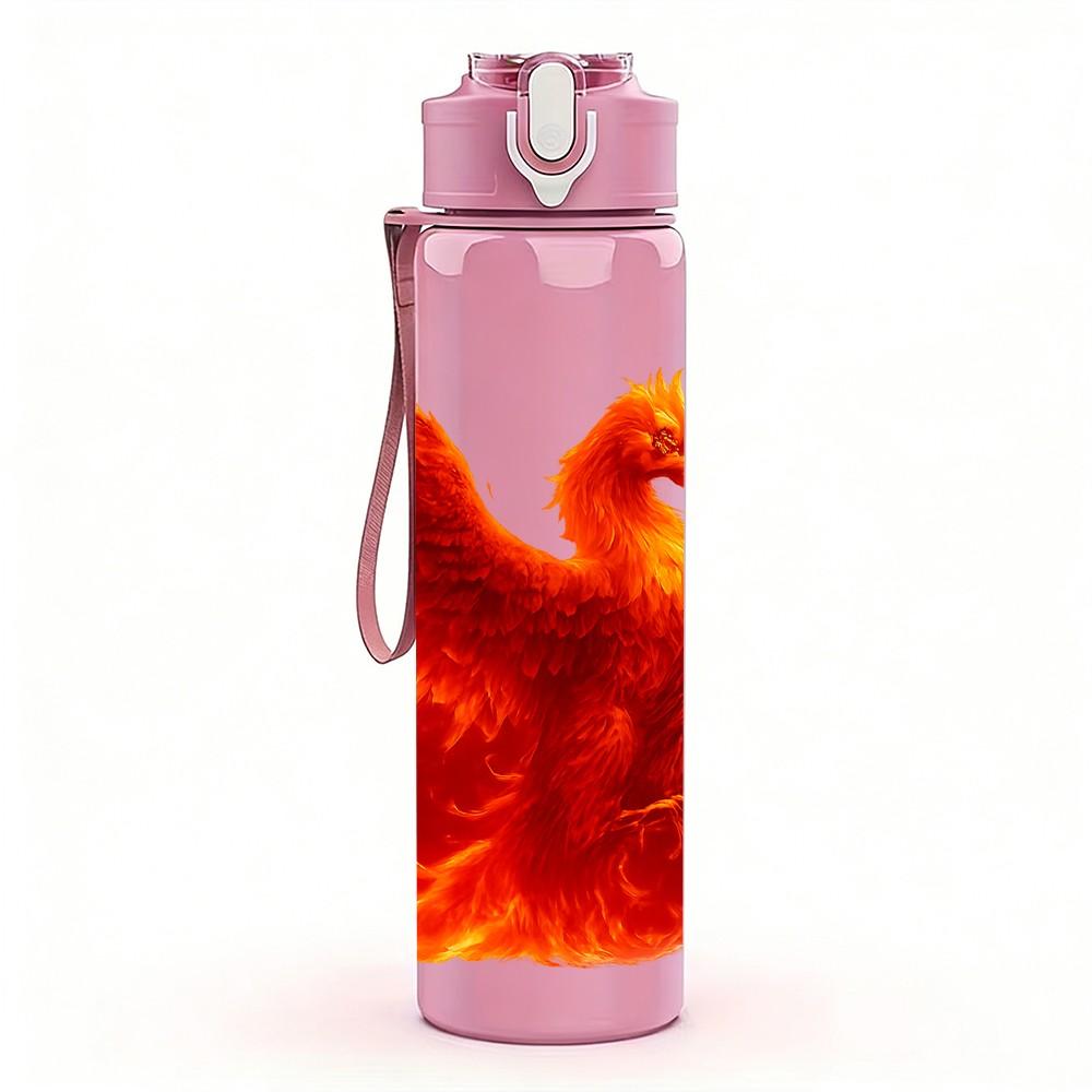 1PC Burning Red Phoenix Bird Fantasy Print 750ml Color Plastic Sports Water Bottle Leakproof Flip Straw Lid Suitable for Sports Office Home Use