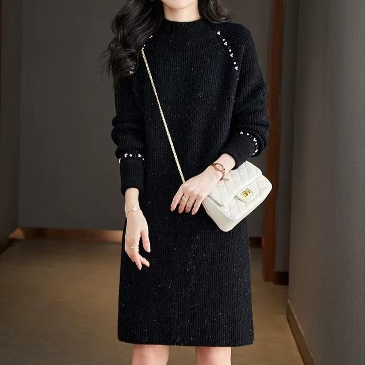 Pletené šaty pro ženy velkých velikostí Volný svetr střední délky s dlouhým rukávem Jednobarevný ležérní pulovr