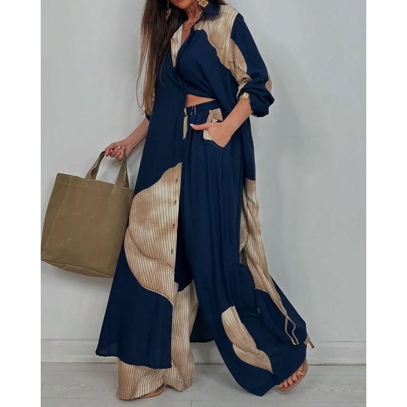 European and American Women clothes Fashion Casual Color Matching Loose Shirts Top Trousers Two-piece Set Two Piece Set