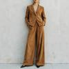 Womens Winter Faux Suede Single-Button Blazer High-Waisted Drawstring Wide-Leg Pants Set