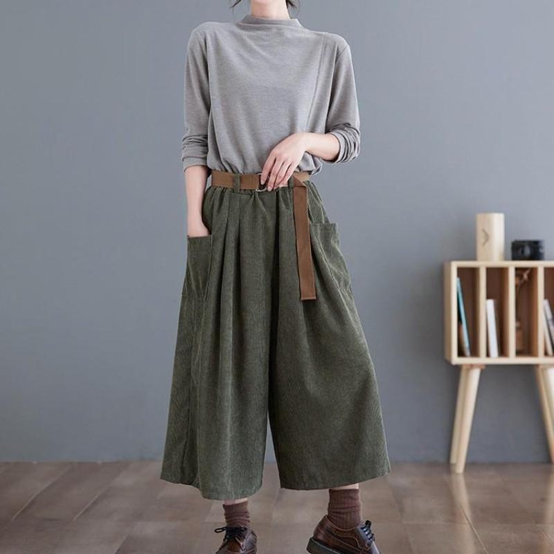 Women's Corduroy Skirt Pants with Elastic Waist Loose Slim Versatile, Wide Leg, Seven Point Length