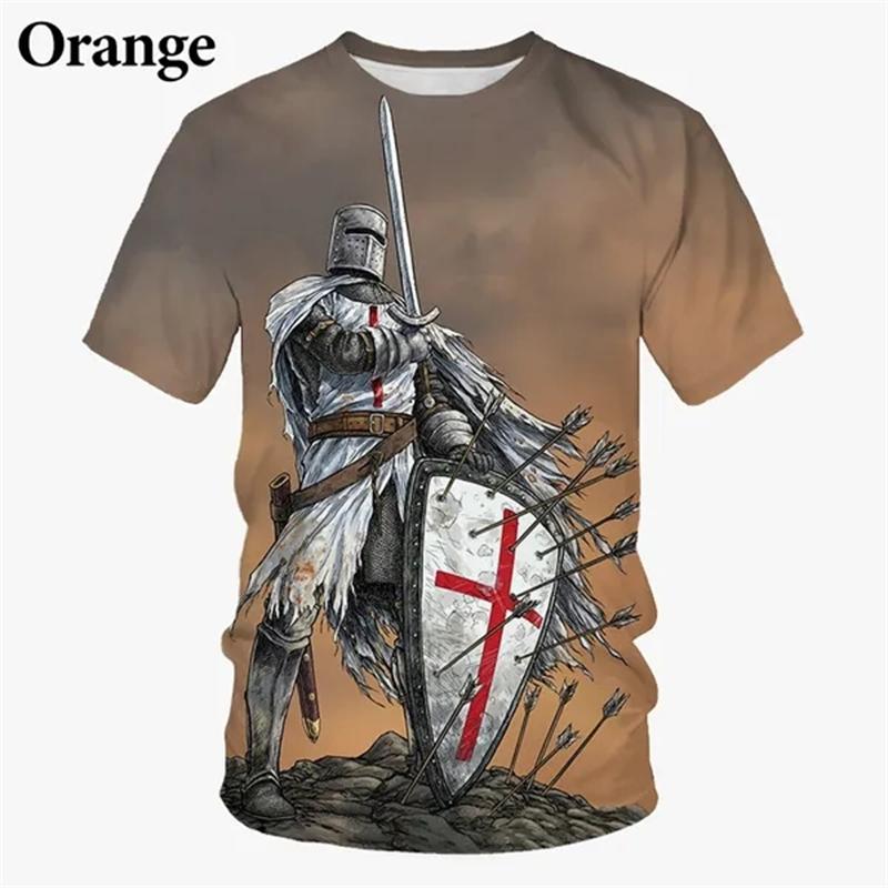 New Knight Templar 3D Printed Men's Fashion T-Shirt, Vintage Cross Pattern, Short Sleeve, Summer Cool Top, Men's Street Style
