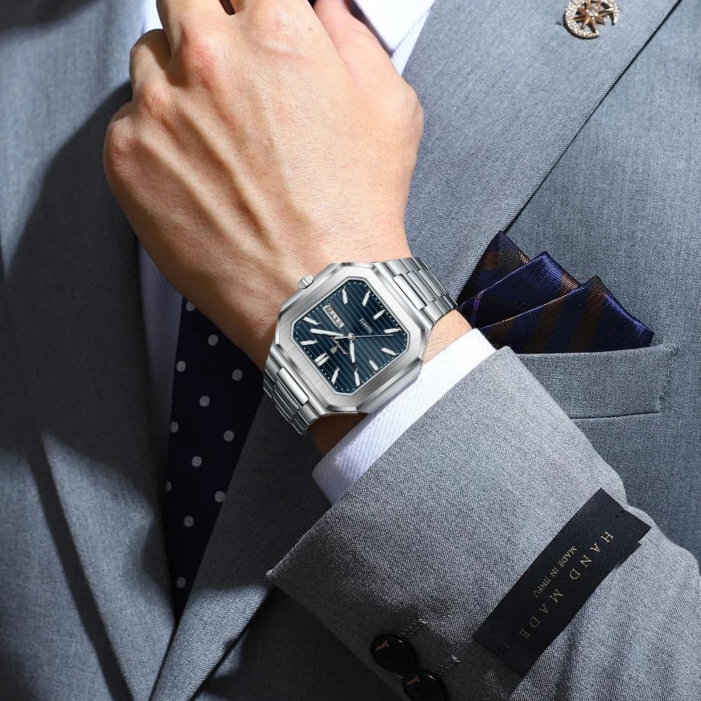POEDAGAR Luxury Square Fashion Man Wristwatch Waterproof Luminous Date Week Quartz Watches Stainless Steel Watch
