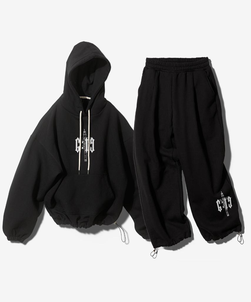[Non Brushed/ Brushed] (Setup) 6:19 Cross String Hoodie+Pants - Black