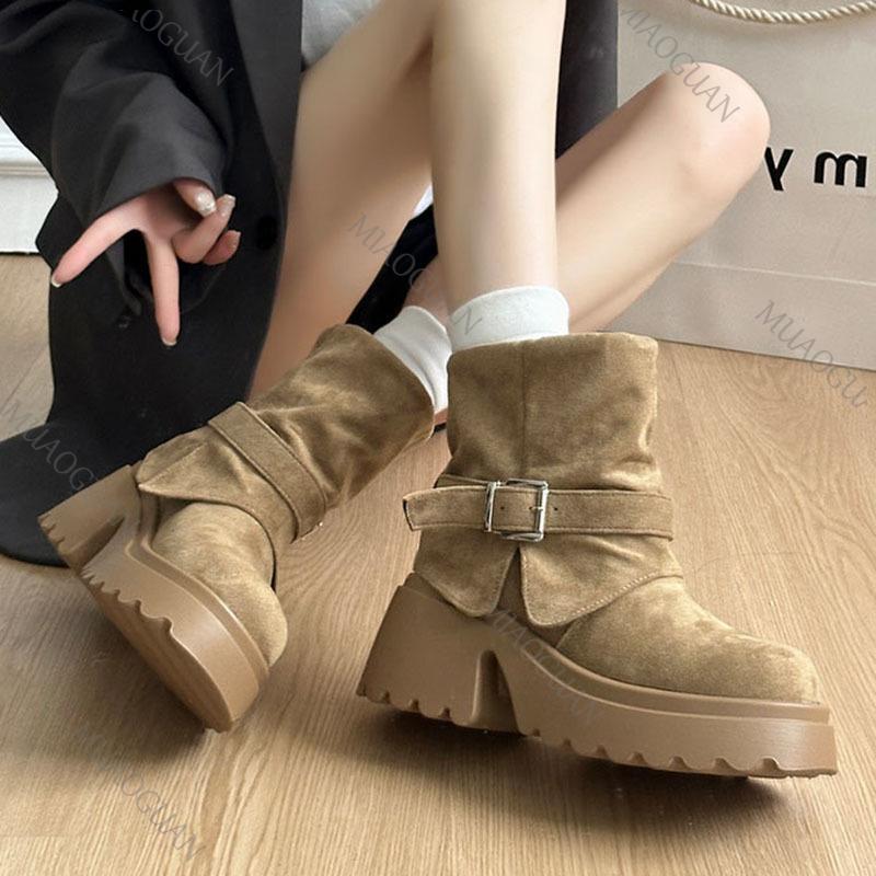 Fashion Western Short Boots Women 2025 Spring and Autumn New Retro Thick High Heels Shoes Platform Trouser Stacked Suede Ankle Boots