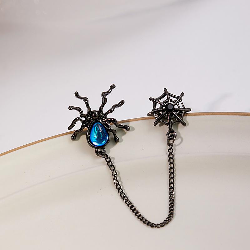 Dark Spider Ear Cuff: Metal Chain, Moonstone Water Drop & Web Design