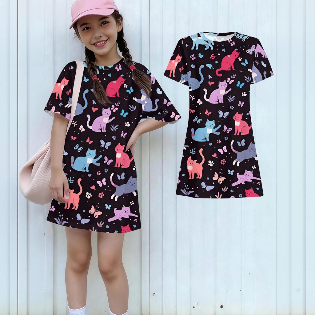 Girls Print Casual Dress Kids Loose Round Neck Short Sleeve Thin Sundress
