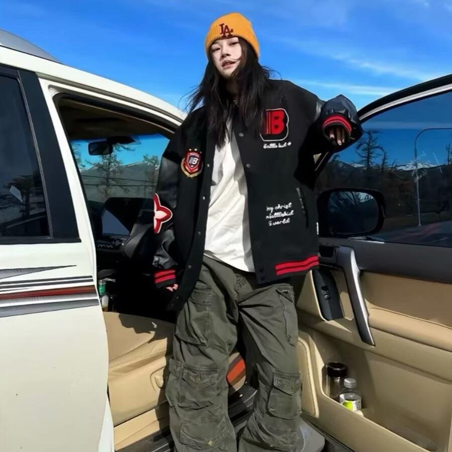 Men's and Women's Trendy American Letter Baseball Jacket, Embroidery Color Block Patchwork, Loose Fit for Autumn and Winter.