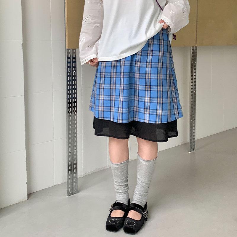 Юбка Thirteenth Row Весна/Лето Корейский Стиль Эластичный Пояс Клетка Цветные Блоки для Женщин One Size