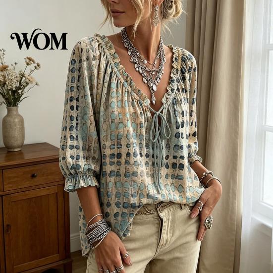 Comoda Maglietta da Viaggio da Donna Estiva Casual, Blusa con Scollo a V e Laccetti, Maniche 3/4, Blusa a Quadri Oversize con Stampa, Top Larghi e Svasati, Leggera