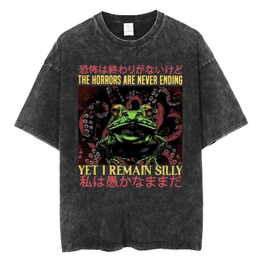 Amare Box No Thoughts Head Empty Japanese T-shirt Funny Capybara Vintage Washed T Shirt Men Women Casual Loose Short Sleeve Tees