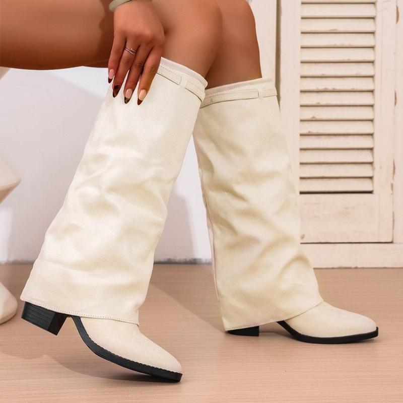New large size pointed European and American high pants boots pleated thick heel sleeve high heel fashion boots