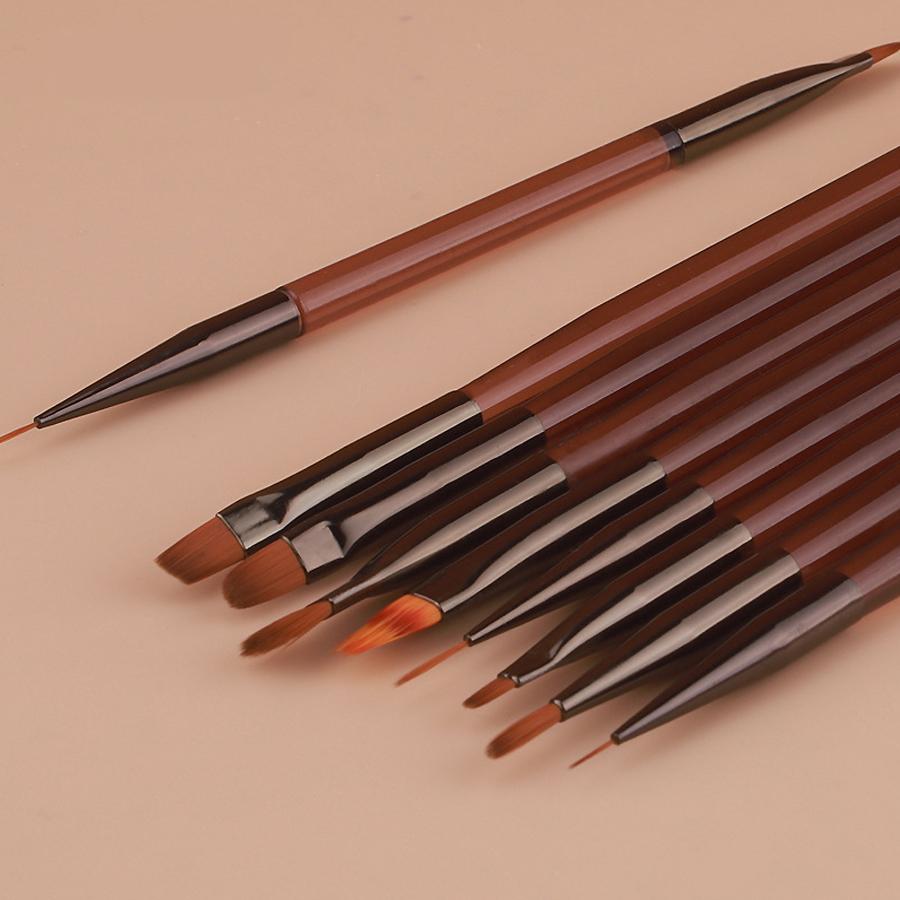 9Pcs Nail Brush Set, Nail Art Tool for Gel, Fine Line, Painting and Detail Work Pens with Stylish Brown Handles