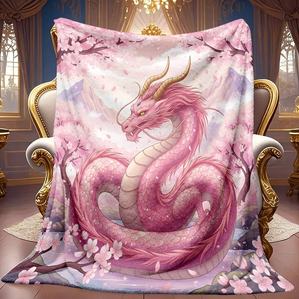 1pc 2D Pink Dragon Cherry Blossom Landscape Theme Pattern Flannel Blanket, Soft HD Digital Print, Cooling Blanket All-Season Use! Soft And Breathable