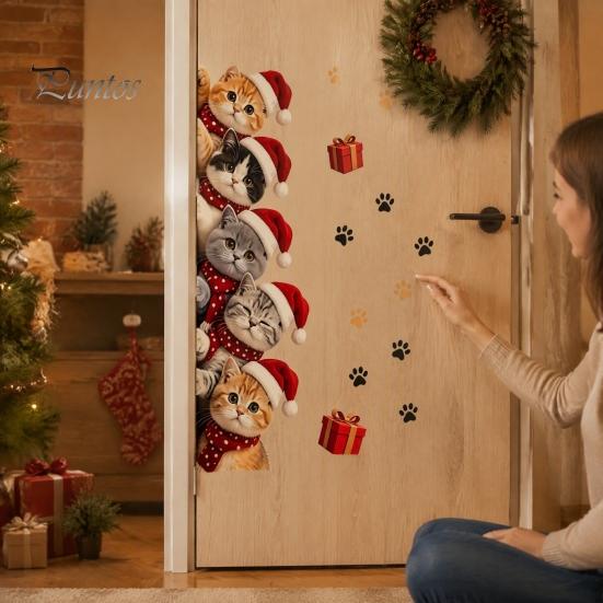 Holiday Decorative Door Clings Christmas Cat Sticker, Cute Santa Hat Kittens Wall Decal, Self Family Festive Interior Decorations Adhesive Waterproof