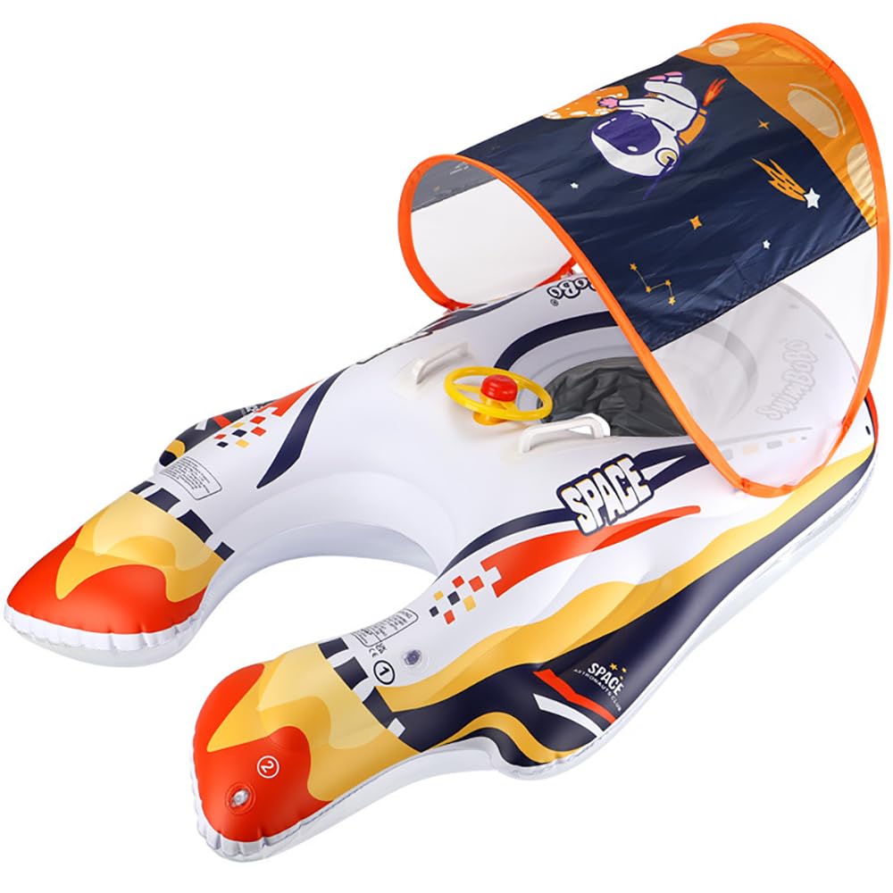 Two-Person Parent-Child Float with Foot Hole, Removable Canopy, Rocket Ship Design, Baby Float, Sunshade, for Swimming Pools, Toddlers, Kids, and