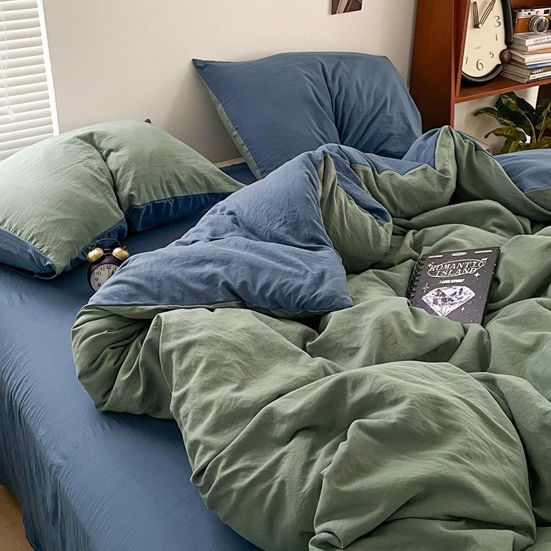 Super Soft Bed 4Pcs Set, Pure Washed Cotton Quilt Cover, Bed Sheet Full Quilt Cover, Bed Hat Student Three 4-Piece Set