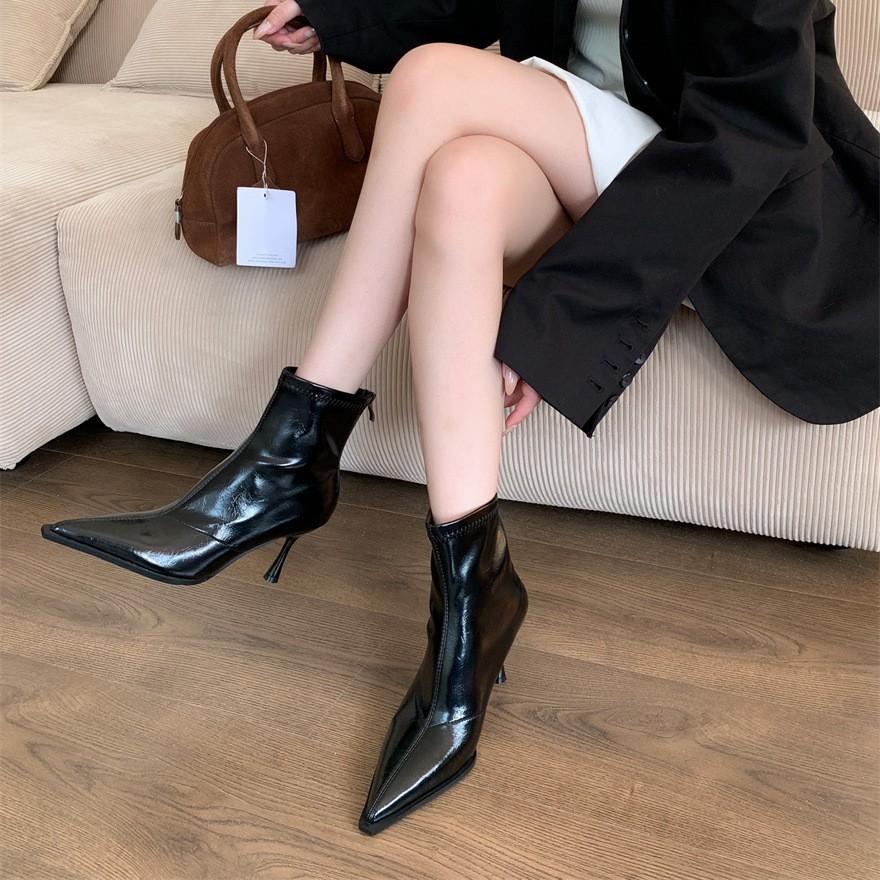 Brown high-heeled pointed thin boots short boots women's shoes 2025 new autumn and winter brown soft leather French small naked boots