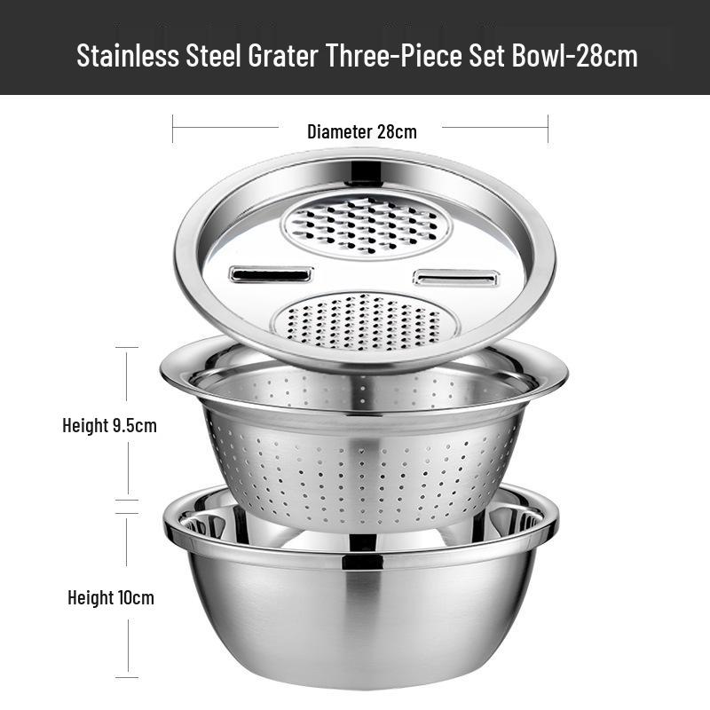 Multifunctional Stainless Steel Grater and Drain Basin Set with Slicer and Non-Magnetic Rice Sieve