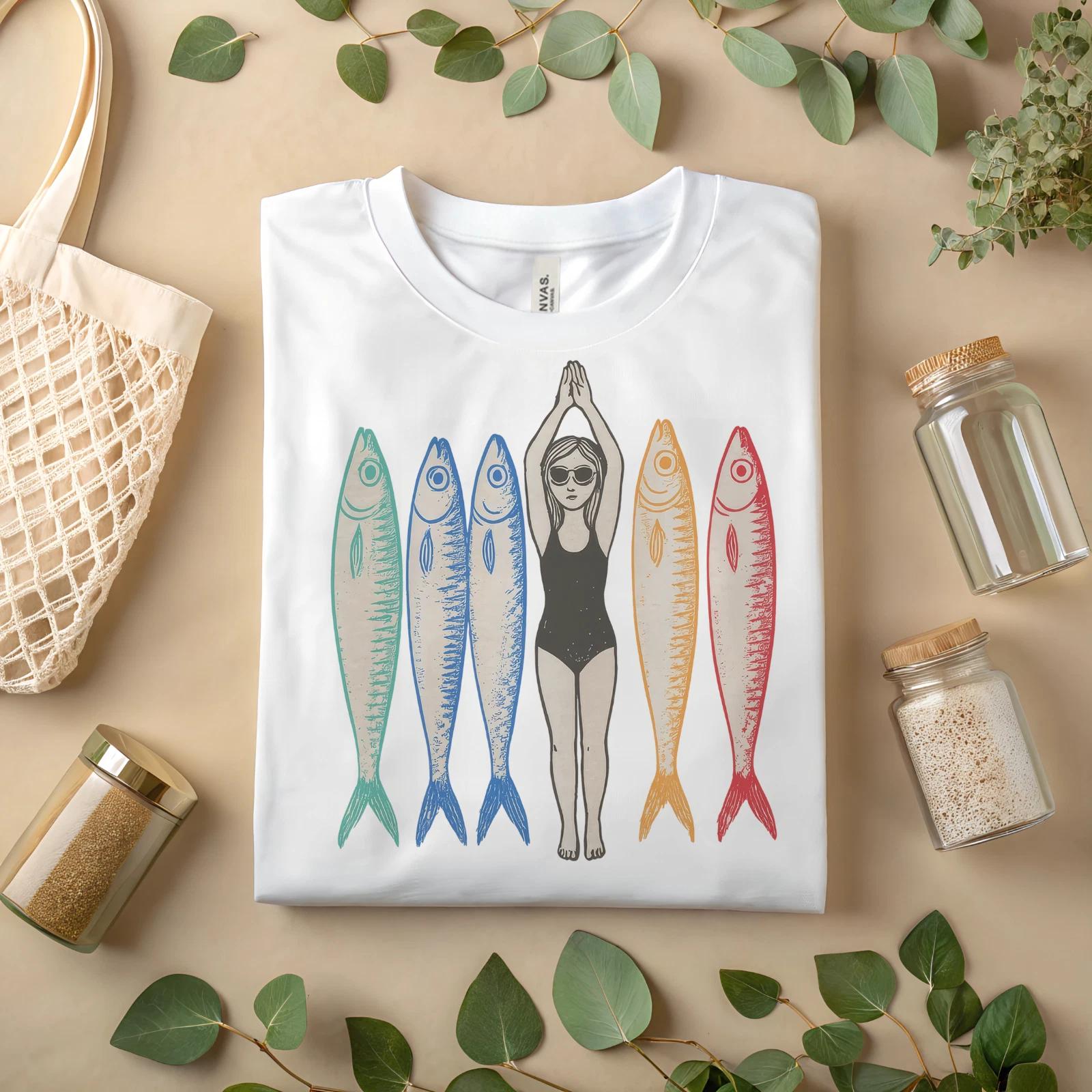 Swimmer Girl Colorful Fish Shirt Ocean Beach Graphic Tee Coastal Summer A80 3XL