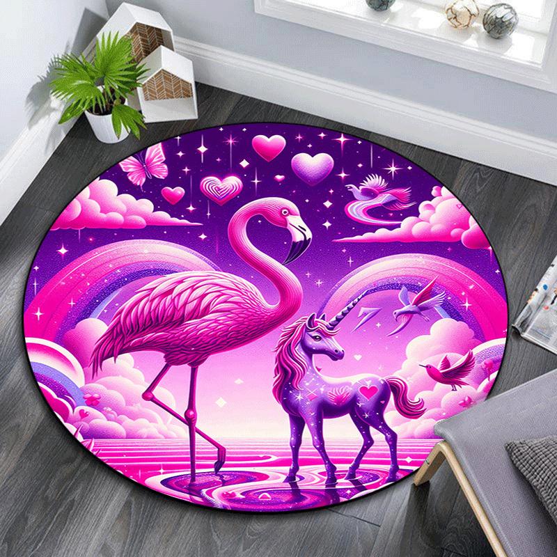 1pc Soft, Absorbent & Non Slip Flamingo Unicorn and Pink World Round Rug Soft Circle Rug for Living Room & Bedroom Decor, Chair Mats, and Un