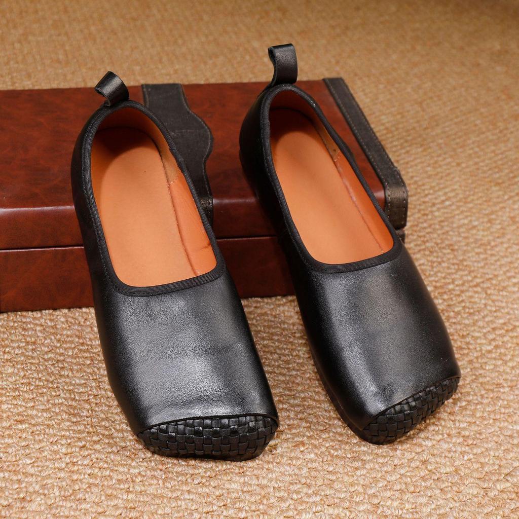 2025 Autumn Women's Retro Genuine Leather Square Toe Slip-On Ballet Flats