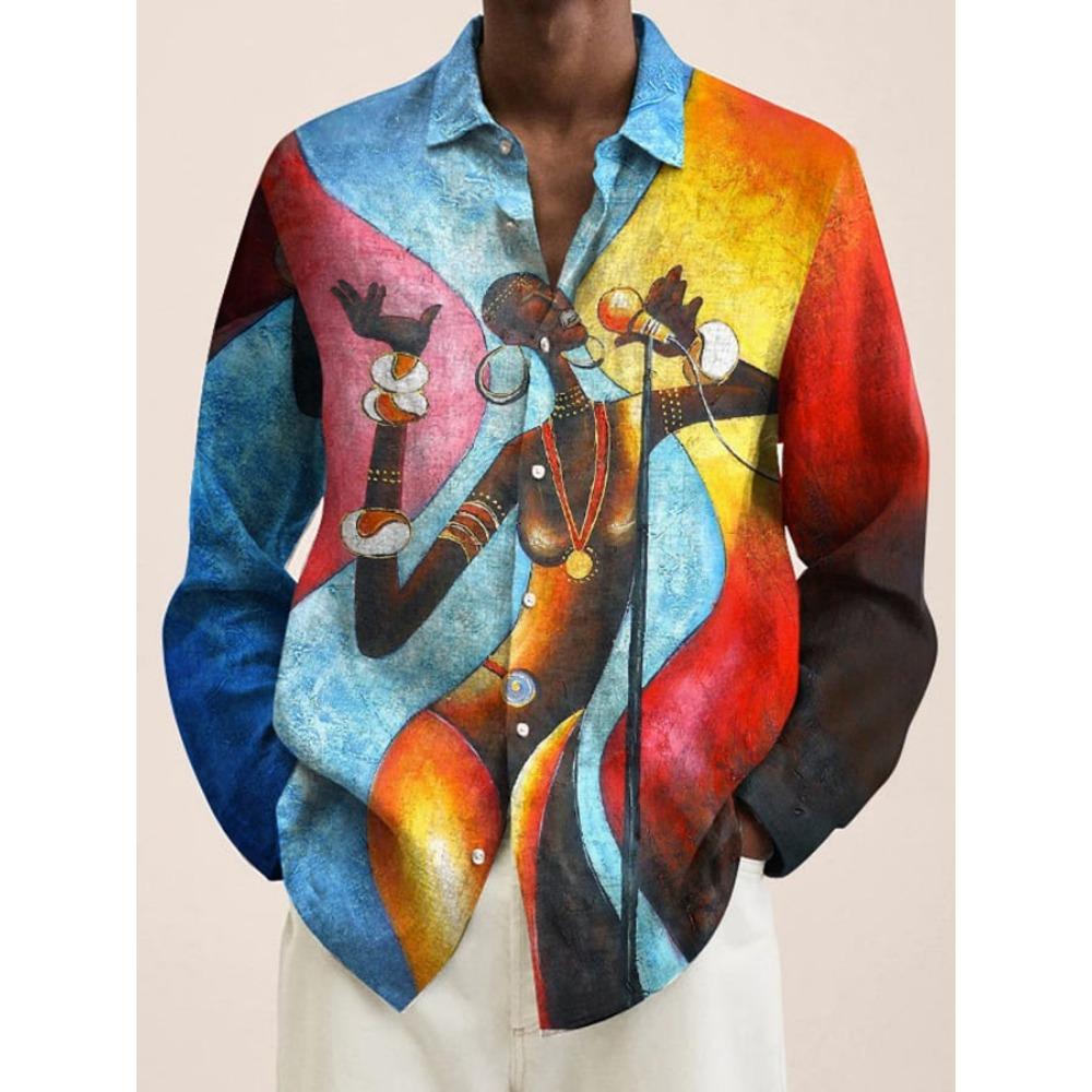 2024 New Men's 3D Art Painting Fashion Print Single Breasted Long Sleeve Shirt Casual Shirt Men's Loose Lapel Long Sleeve