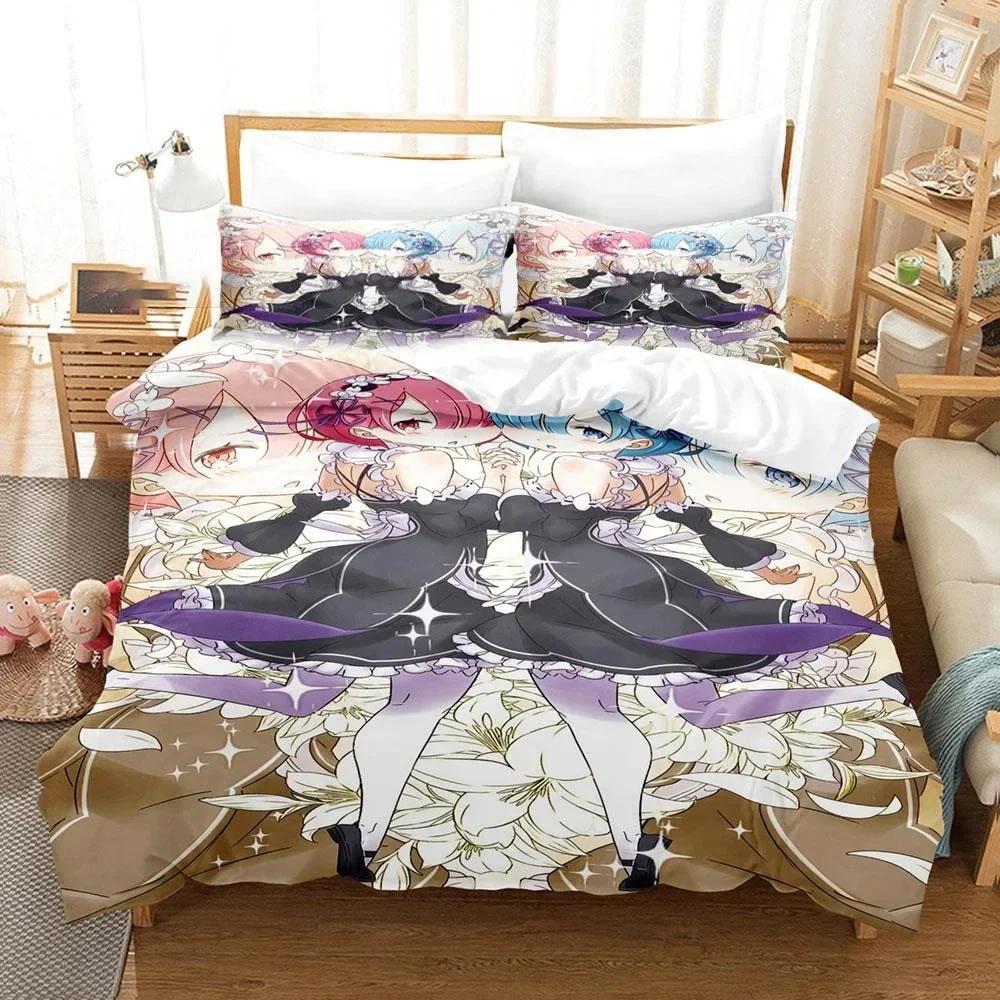 3D Print Anime  Re Zero Rem Ram Emilia Comfortable Duvet Quilt Cover Pillowcase Bedding Set Bedroom Decoration Home Textile
