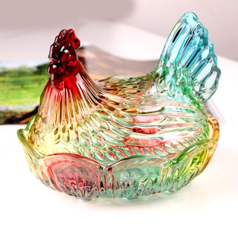 Plat à bonbons en verre cristal forme poulet, Bol à bonbons rétro avec couvercle, Assiette à dessert Bol à snacks Ornement pour décorations de maison