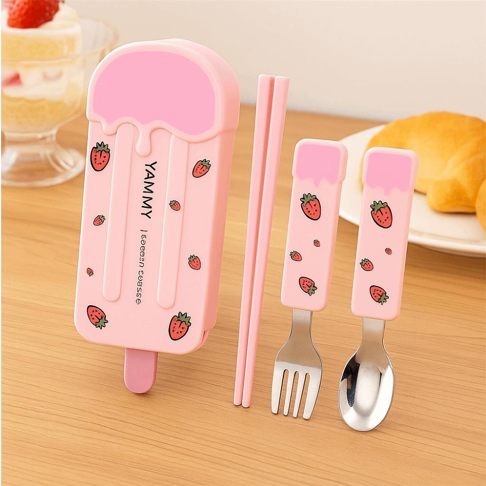 304 Stainless Steel Popsicle Tableware Set Reusable with Storage Box Ice Cream Cutlery Set Cartoon Pattern